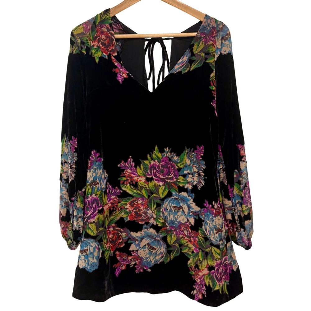 Free People Misha Velvet Mini Dress BLK Floral XS Whimsygoth Romantic Twee Y2K - Picture 6 of 12